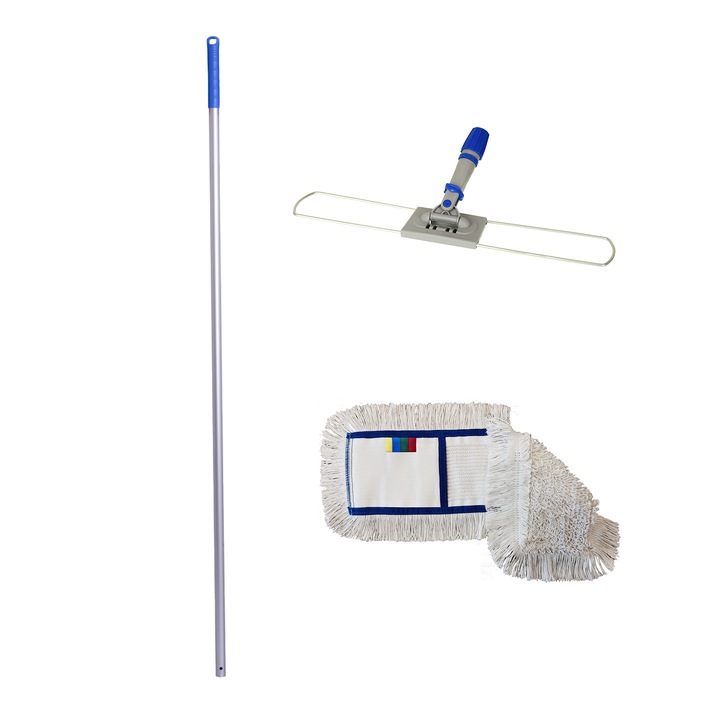 Set - Coada profesionala din aluminiu, filet profesional, fixa, 140 cm, maner albastru + Talpa Mop Plat 60cm + Mop Plat Albastru 60cm