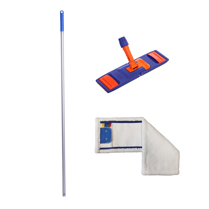 Set - Coada profesionala din aluminiu, filet profesional, fixa, 140 cm, maner albastru + Talpa Mop Plat 40cm + Mop Plat din Microfibra Alba 40cm