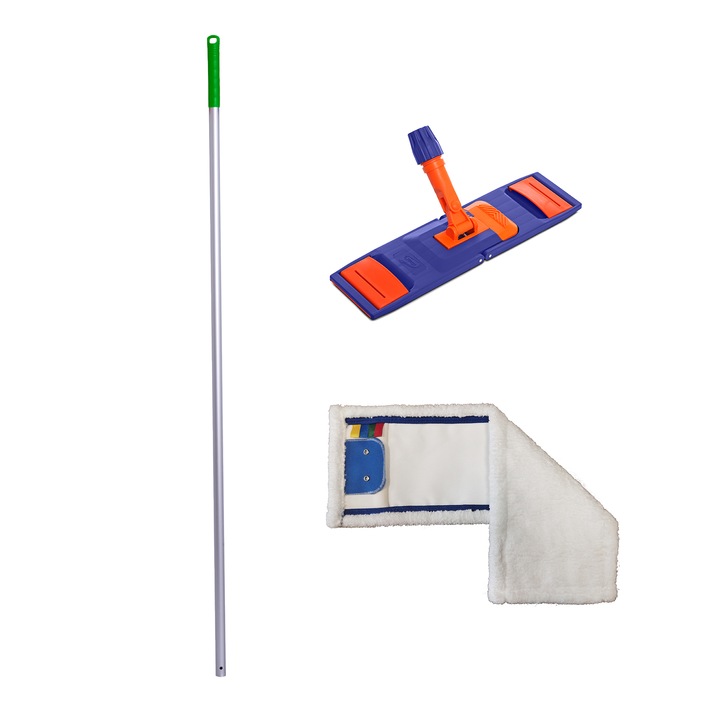 Set - Coada profesionala din aluminiu, filet profesional, fixa, 140 cm, maner verde + Talpa Mop Plat 40cm + Mop Plat din Microfibra Alba 40cm