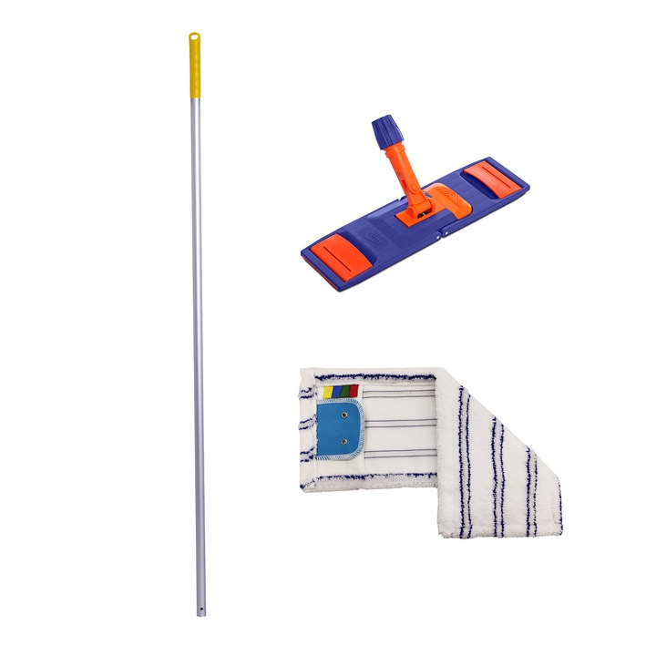 Set - Coada profesionala din aluminiu, filet profesional, fixa, 140 cm, maner galben + Talpa Mop Plat 40cm + Mop Plat din Microfibra Alb cu Dungi Albastru 40cm