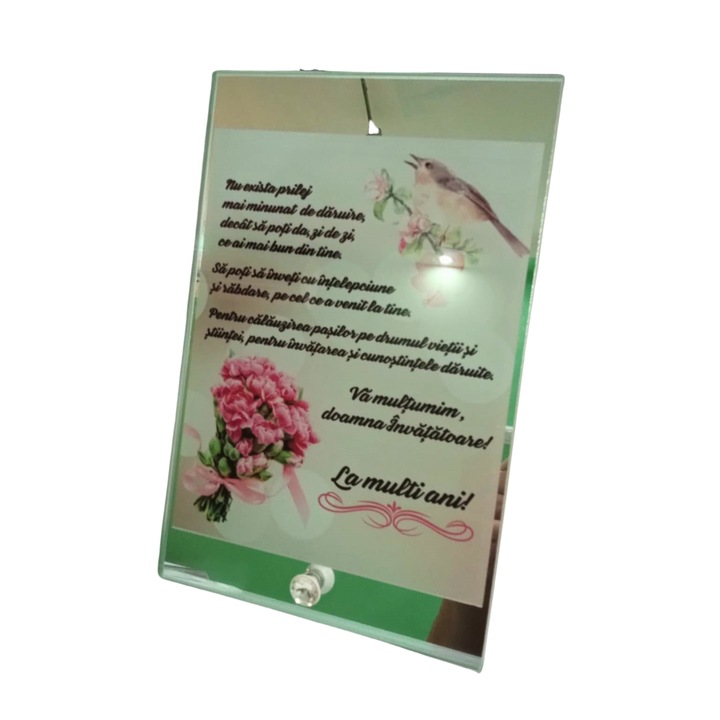 Placheta sticla, cu mesaj, La multi ani, doamna Invatatoare”, 23X15cm