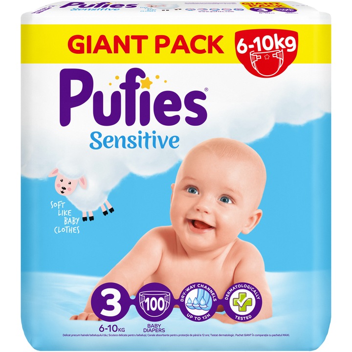 Scutece Pufies Sensitive, Marimea 3, 6-10 kg, 100 buc, Giant Pack