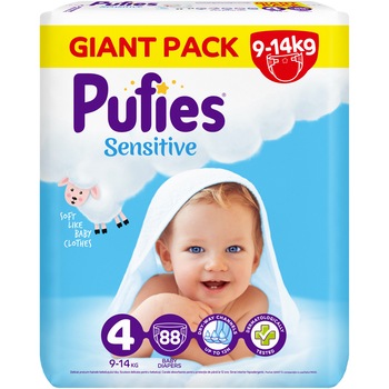 Scutece Pufies Sensitive, Marimea 4, 9-14 kg, 88 buc, Giant Pack