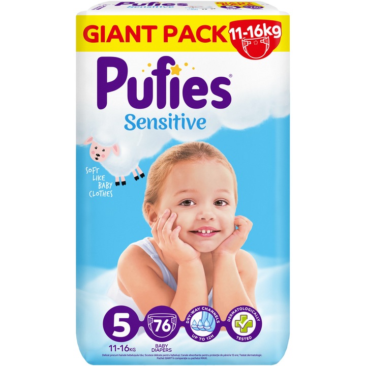 Pufies Sensitive pelenka, Junior 5-ös méret, 11-18 kg, 76 db, óriáscsomag