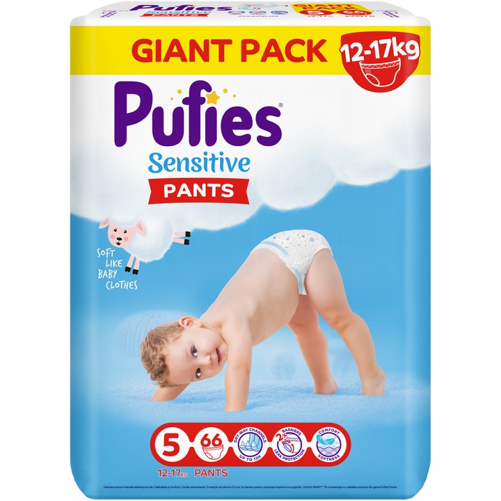 Scutece-chilotel Pufies Sensitive, Marimea 5 Junior, 12-17 kg, 66 buc, Giant pack