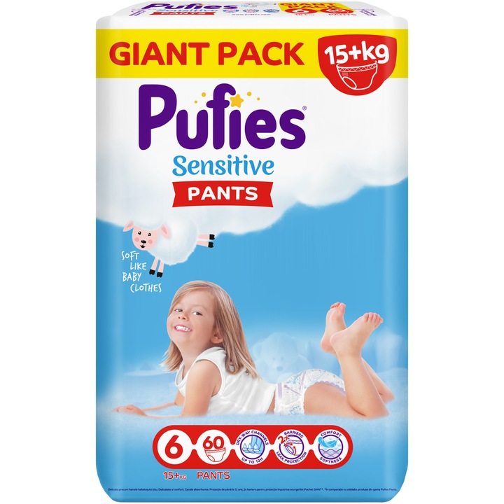 Scutece-chilotel Pufies Sensitive, Marimea 6 Extra Large, 15+ kg, 60 buc, Giant pack