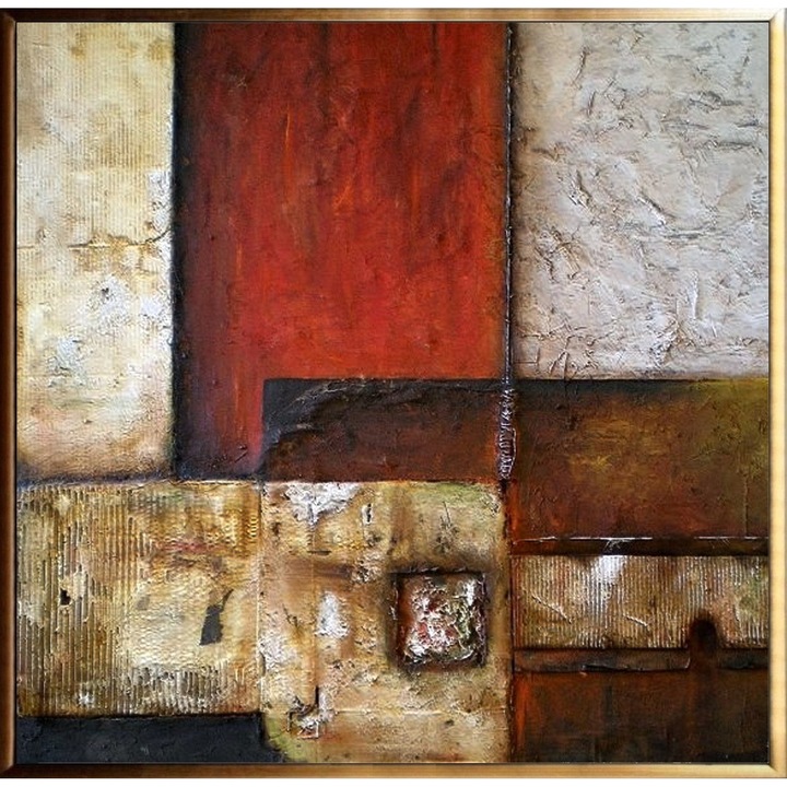 Tablou pictat manual ulei pe panza, tehnica texturata, 80x80cm, Abstract modern birou, hol, living, Multicolor