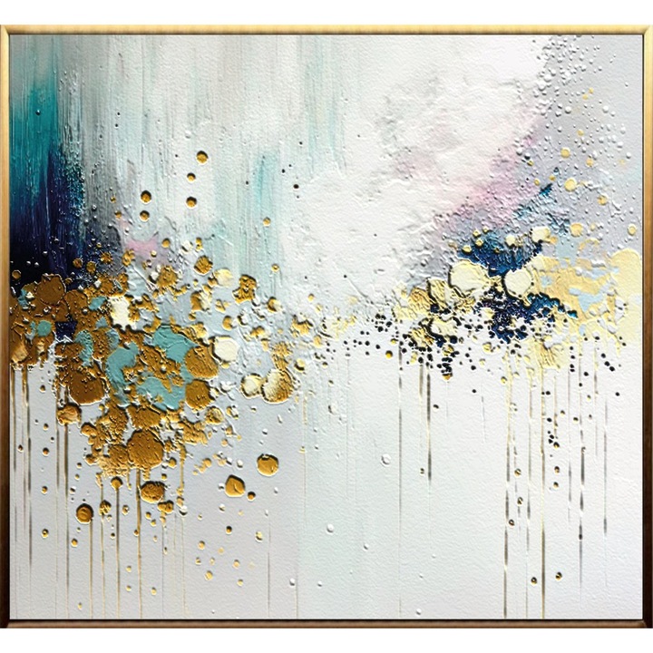 Tablou pictat manual ulei pe panza, tehnica texturata, 80x80cm, Abstract modern living, Auriu, Albastru, Alb, Pictura birou