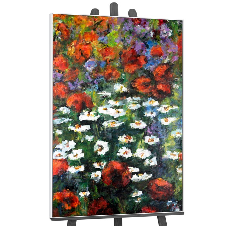 Tablou pictat manual, acrilic pe panza, Intinderi infloritoare, cu rama Alb, 140x100 cm