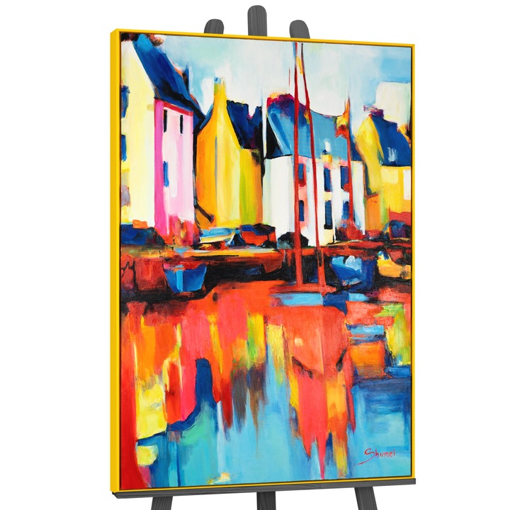 Tablou pictat manual, acrilic pe panza, Yahturi si acostare, cu rama Galben, 120x80 cm