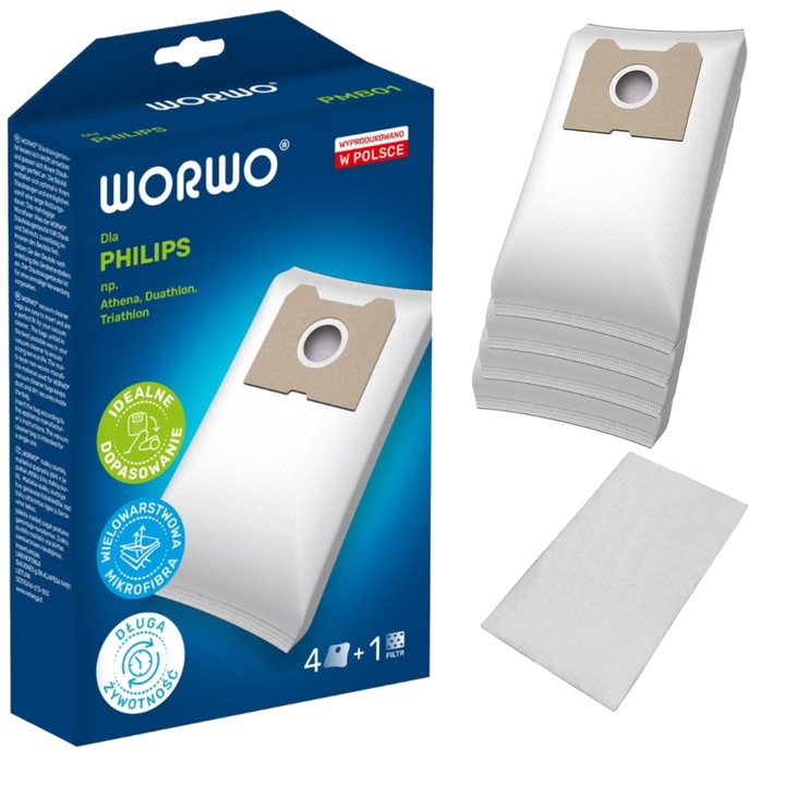 Set 4 x Sac pentru aspirator, Pentru Philips Triathlon 1400, Trathlon 2000, Athena, Duathlon