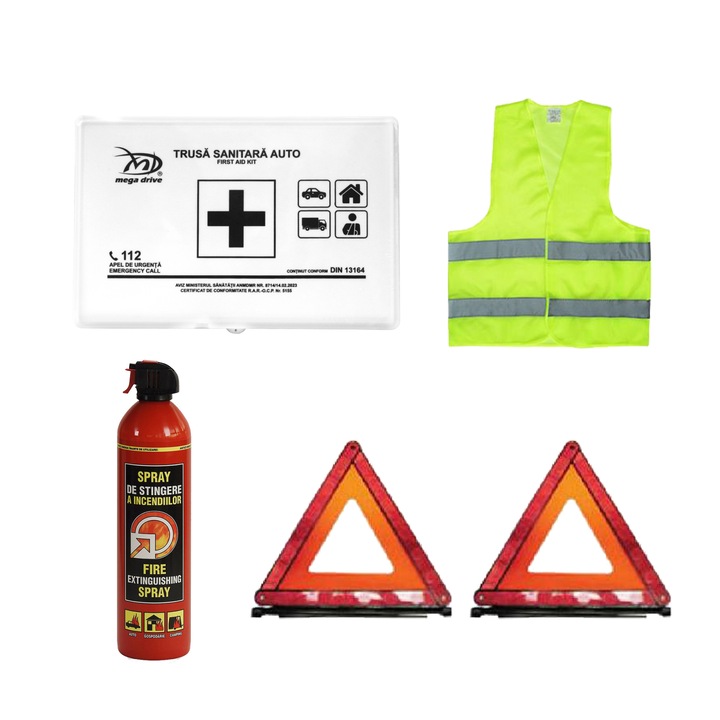 Комплект за пътна безопасност Пожарогасител, медицински комплект, 2 светлоотразителни триъгълника и светлоотразителна жилетка