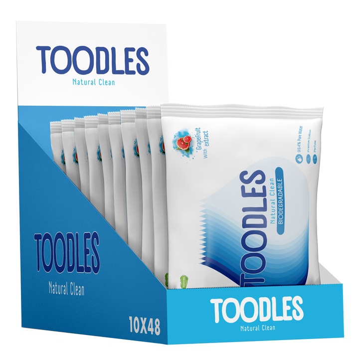 Servetele umede ecologice Toodles, 99% Apa Pura, 0% plastic, 10 pachete x 48, 480 buc