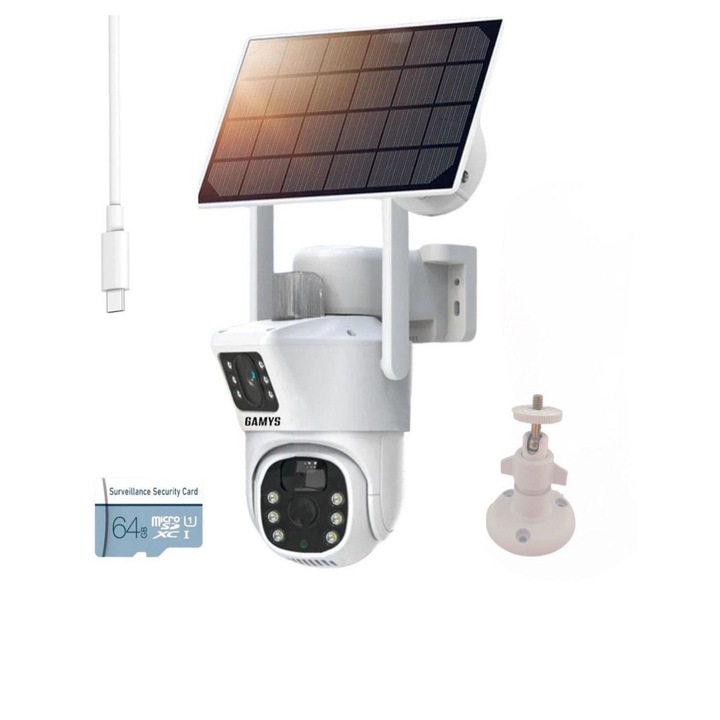 Camera Supraveghere Video Duala cu Panou Solar GAMYS™, Conexiune 4G, 5MP, Monitorizare 360 grade, Night Vision, Protectie Soare, Praf, Detectie Miscare, Baterii 8000mAh, Suport Camera, Cablu USB si card 64GB incluse