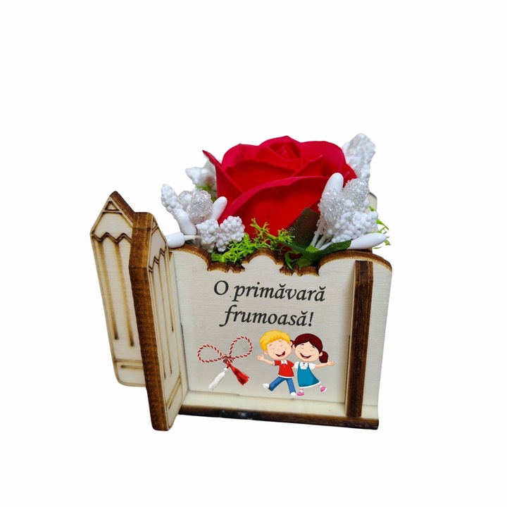 Martisor in Cutie, Trandafir de Sapun, Licheni, 1 Martie, Profesoara, Educatoare, 7x7x6 cm, Rosu, CMUV029