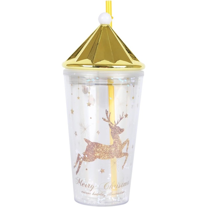 Pahar pentru copii, capac cu filet si pai din plastic, pereti dubli cu confetti, model carusel, Transparent/Auriu, 450 ml, 23x9cm