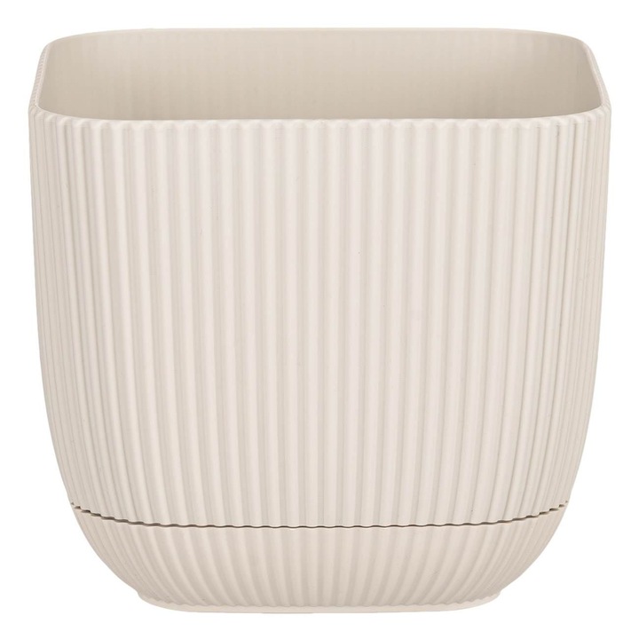 Ghiveci pentru Flori cu farfurie incorporata, design dreptunghiular, Crem, Capacitate 1.8 l, 15x15x13 cm