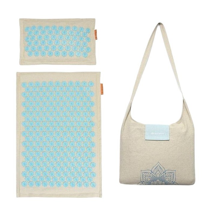 Akupresszúrás készlet, SMJ Sport, vászon/kókuszrost/hajdina/műanyag, 68x42x2cm/37x15x10cm, bézs/kék