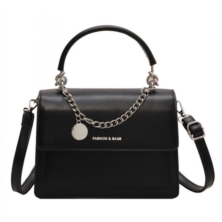 Geanta dama, Piele ecologica, 20 x 16 x 8 cm, Negru