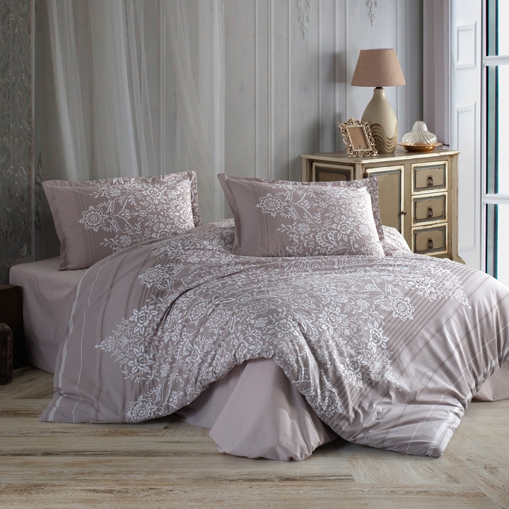 Двойно спално бельо 100% памук ранфорс 4 части king size 240 x 260 см, Elegant, Бяло / Бежово, Classy RUTE