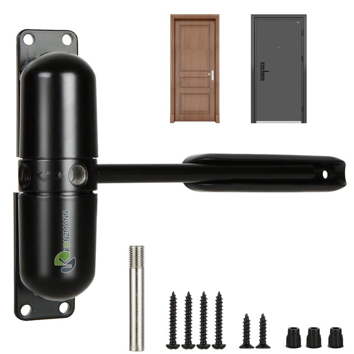 Amortizor Usa cu Arc Ajustabil KONZMANN, Inchidere Automata, Design Modern, Suporta Pana la 60 kg, Usor de Instalat, Functionare Silentioasa, Reglare Viteza, Usi Interioare cat si pentru Usi Exterioare, Negru