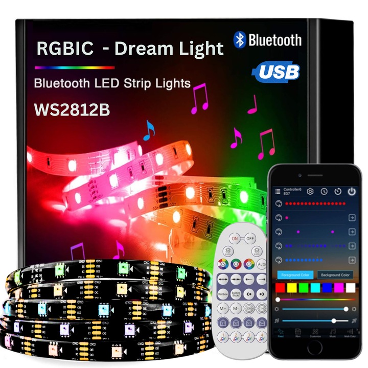 Kit Banda LED Adresabila Smart® 30led/m IP65, 5 metri, Bluetooth, RGBIC Dream Light, WS2812b USB 5V, Interior/ Exterior, aplicatie telefon, mod muzica, controller, telecomanda