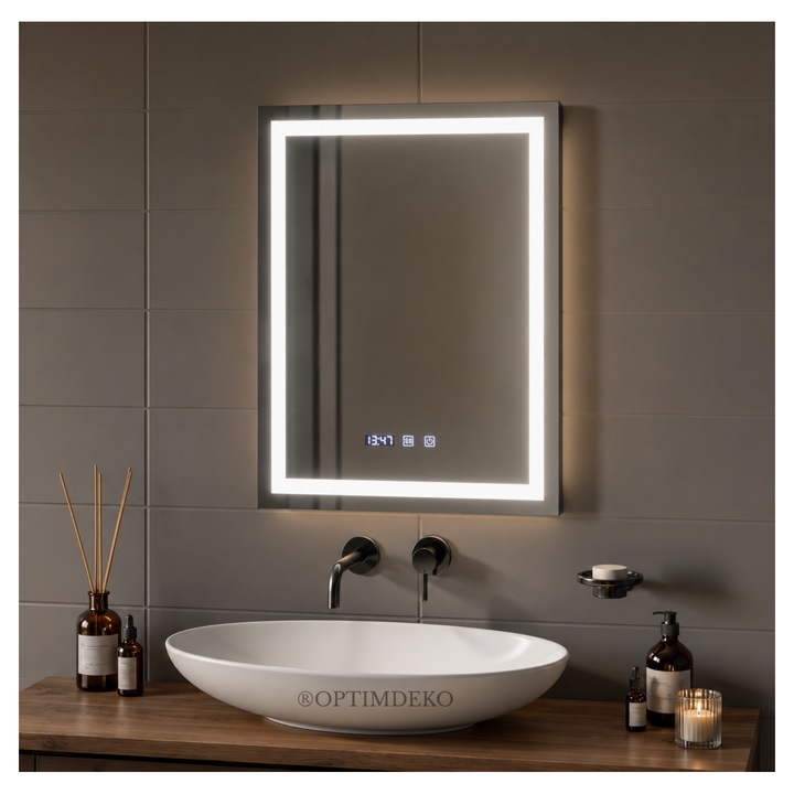 Oglinda de Baie, LED, OPTIM DEKO, dezaburire, ceas si temperatura, 60 x 80 cm