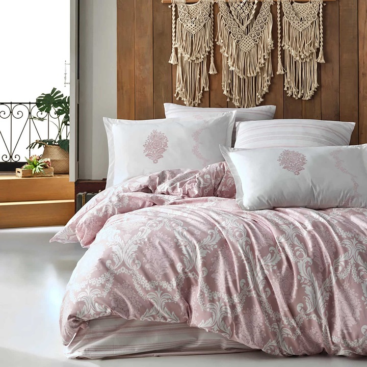 Двойно спално бельо 100% Памук Ранфорс 4 части king size 240 x 260 см, Елегантно, Бяло / Розово, Класически FIORITA V1