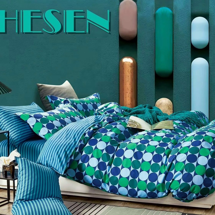 Lenjerie de pat o persoana Percalle imprimat Bumbac 100% 3 piese cearsaf pat 160x240 cm, pilota 150x220 cm, fata perna 50x70 cm, Buline Albastru / Verde, Pucioasa