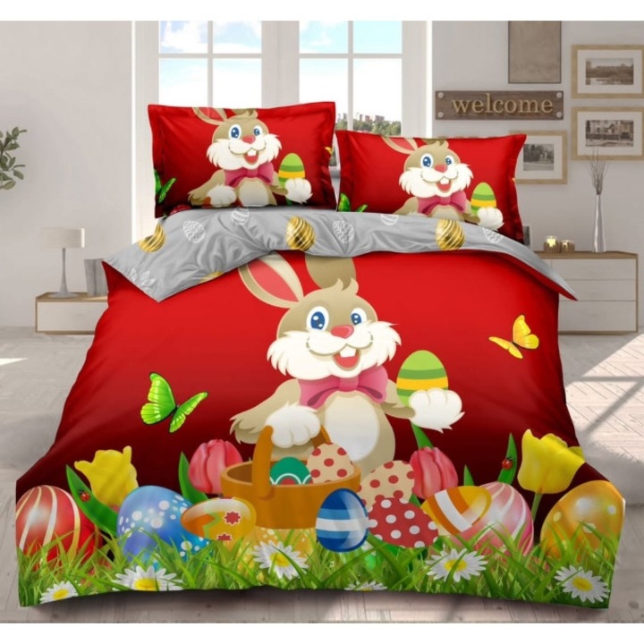 Lenjerie de pat, Finet, 4 piese, 2 persoane, 230x250cm, Imprimeu Happy Easter M15, Multicolor