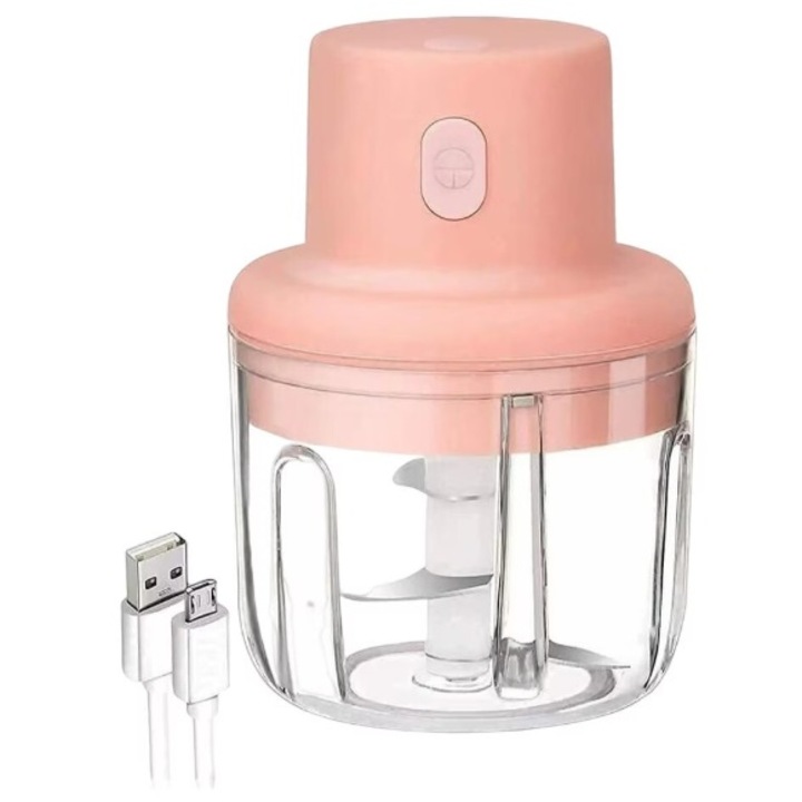 Mini tocator alimente electric portabil pentru usturoi, ghimbir, incarcare USB, rezistent la apa, 250ml, 45W, Roz, coshop®