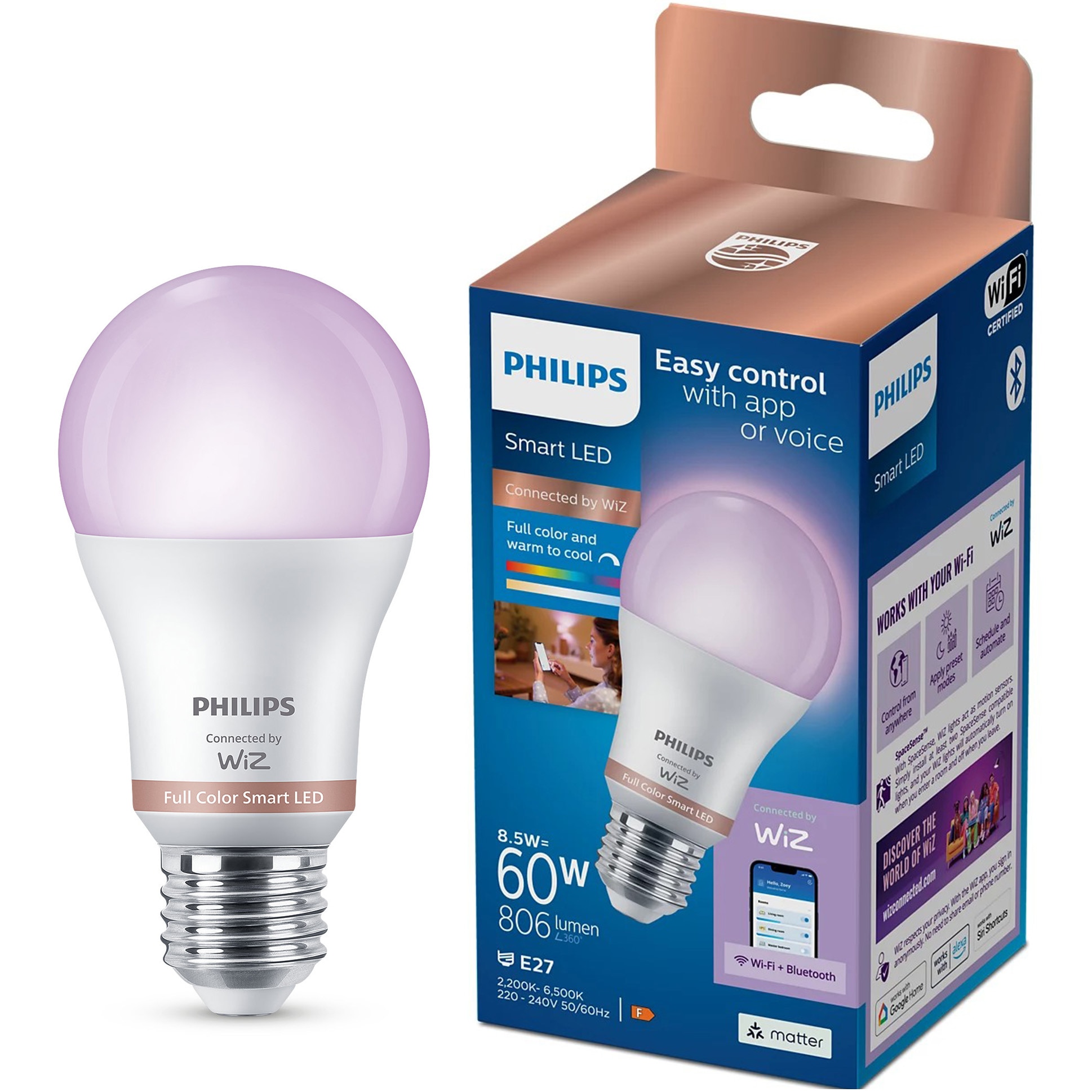 Bec LED RGB inteligent Philips Smart A60, Wi-Fi, E27, 8.5W (60W), 806 lm, lumina alba si colorata (2200-6500K), control vocal, clasa energetica F