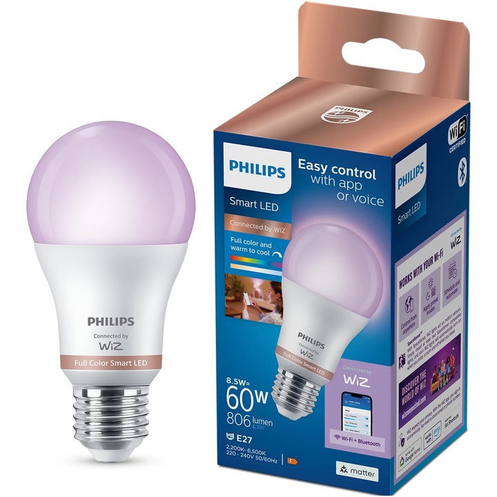 Bec LED RGB inteligent Philips Smart A60, Wi-Fi, E27, 8.5W (60W), 806 lm, lumina alba si colorata (2200-6500K), control vocal, clasa energetica F