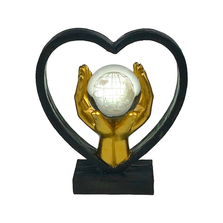 Decoratiune din rasina Together on Earth, cu arcada in forma de inima si glob de sticla 18cm, Negru/Auriu, VELVE