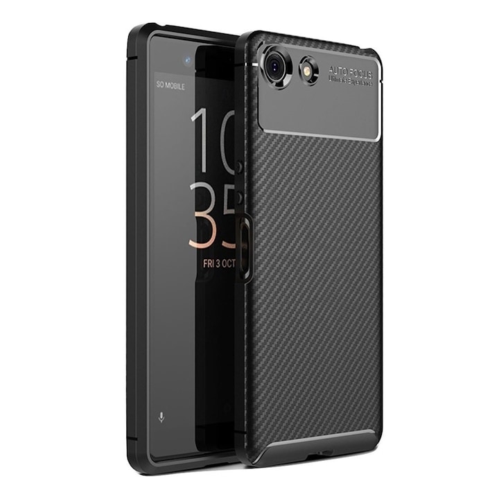 Egyedi szénszálas kialakítású tok, Sony Xperia XZ4 Compact, fekete, puha tpu anyagú, karcmentes