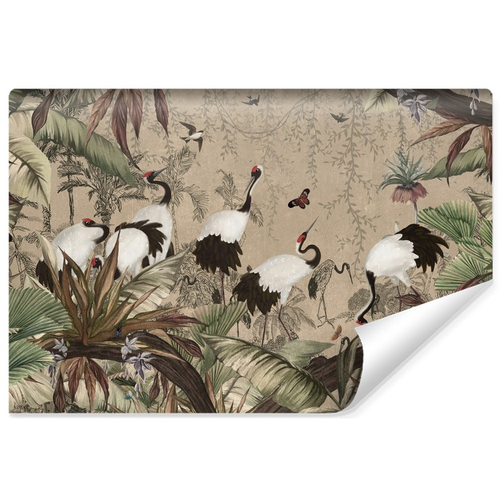 Фототапет абстрактни жерави, диви птици, тропически растения 400 см x 280 см декор за хол, спалня