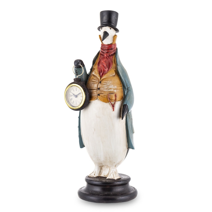Figurina pinguin cu ceas, China, Ceramica, 36cm, mutlicolor