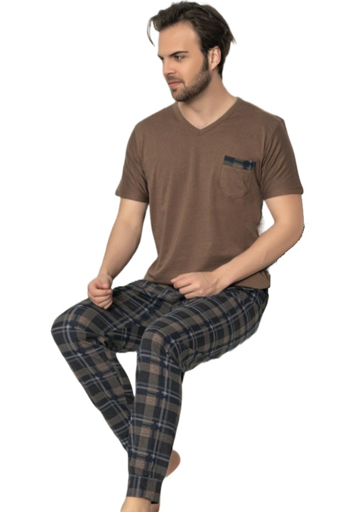 Pijama Barbati UraMag, 100% Bumbac, Maneca Scurta,, Maro/Bleumarin