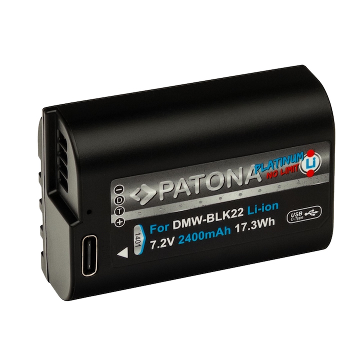 Acumulator Patona Platinum DMW-BLK22, 2400mAh, incarcare port USB-C, pentru Panasonic Lumix S5, G9, GH5, GH5S