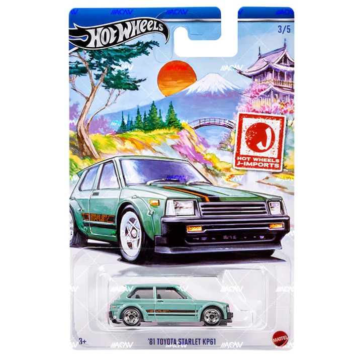 Метална количка Hot Wheels, `81 Toyota Starlet KP61, колекция J-IMPORTS 2024, 1:64, зелена