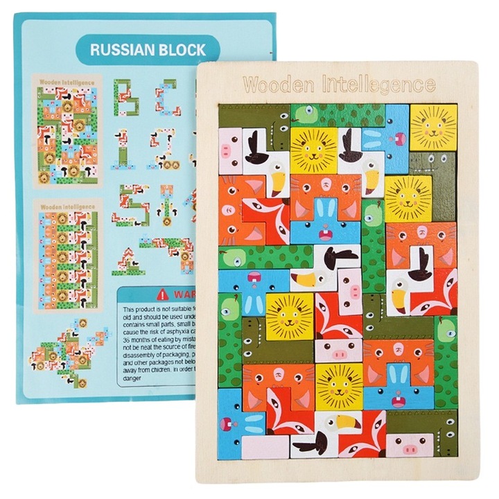 Puzzle din Lemn Flippy, Tip Tetris, +4 Ani, cu Animale Colorate 3D, 40 Piese, Multicolor