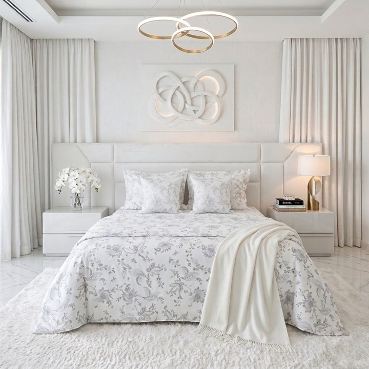 Lenjerie de pat alb-gri, Casa Bumbac Textil by Edural, 2 persoane, 6 piese, cearsaf pat 240 x 260 cm, 100% bumbac ranforce