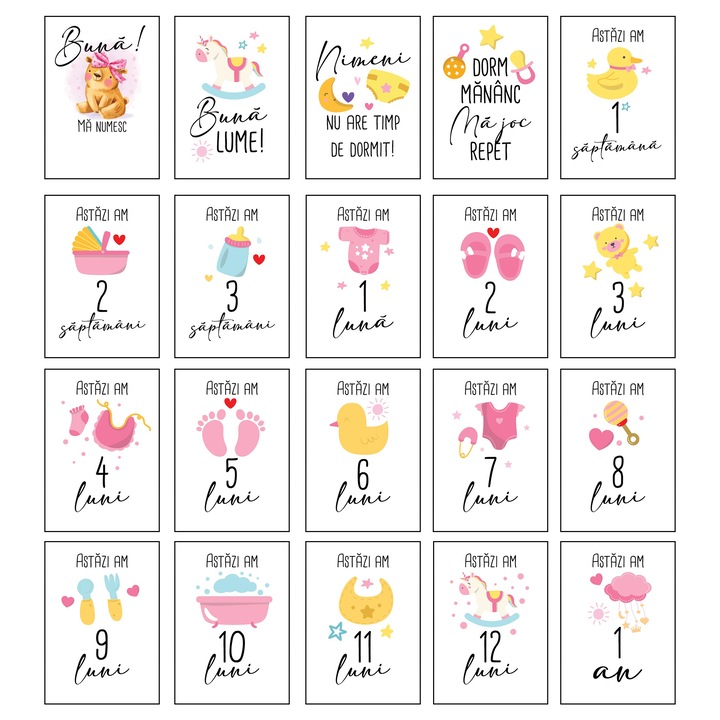 Set 20 cartonase aniversare de tip baby milestone pentru fotografierea bebelusului tau, model fete