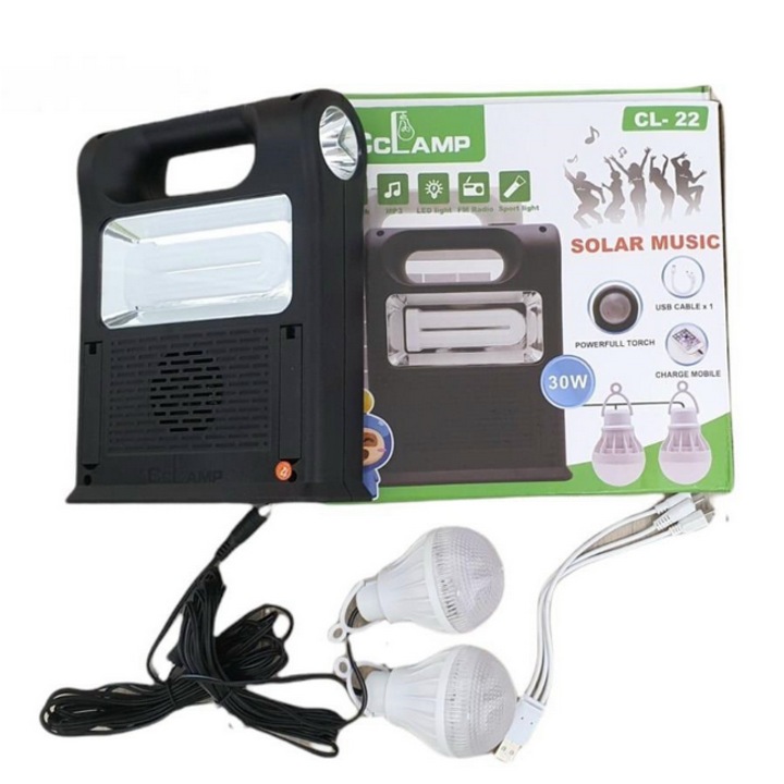 Kit panou solar CCLamp CL-22 cu radio, bluetooth, lanterna, functie power bank si 2 becuri cu led