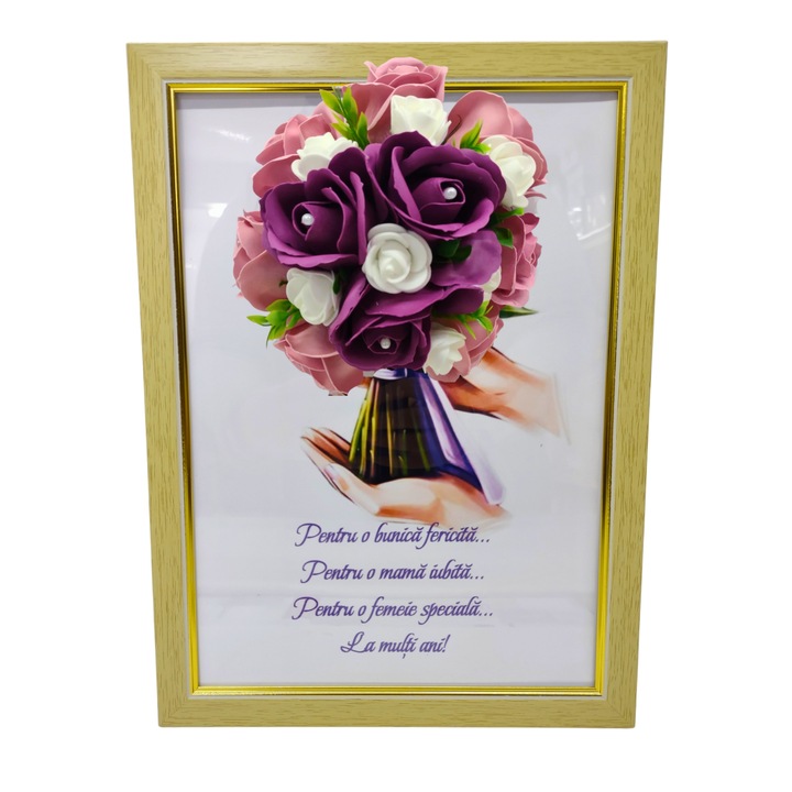 Tablou in rama A4 (30x21 cm) - Pentru o bunica fericita, pentru o mama iubita, pentru o femeie speciala, la multi ani! - v3 decorat cu flori de sapun visiniu - roz pal