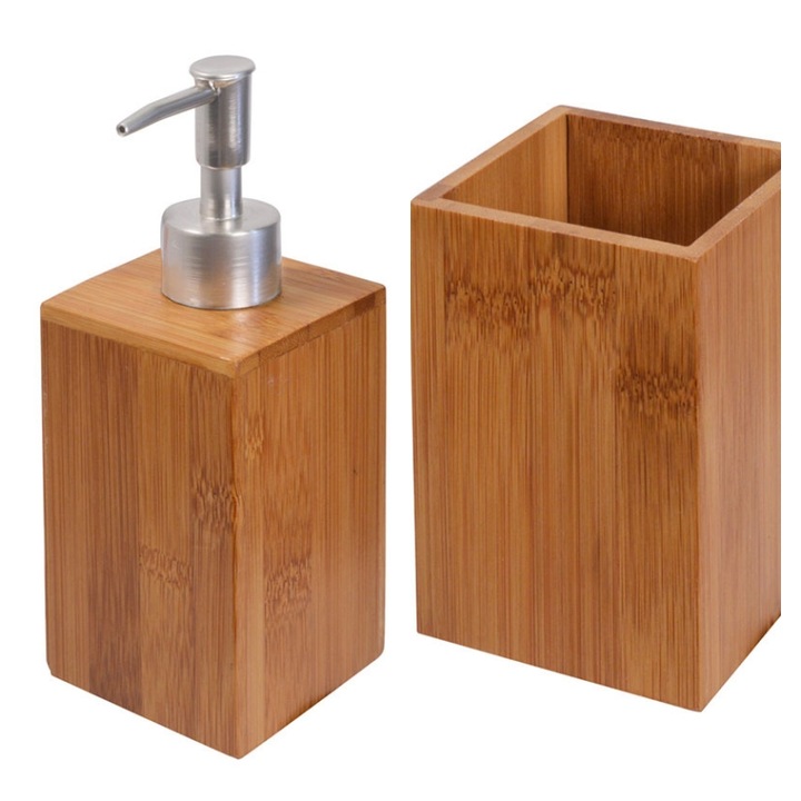 Комплект дозатор за течен сапун и квадратна бамбукова чаша, Frandis, естествен бамбук