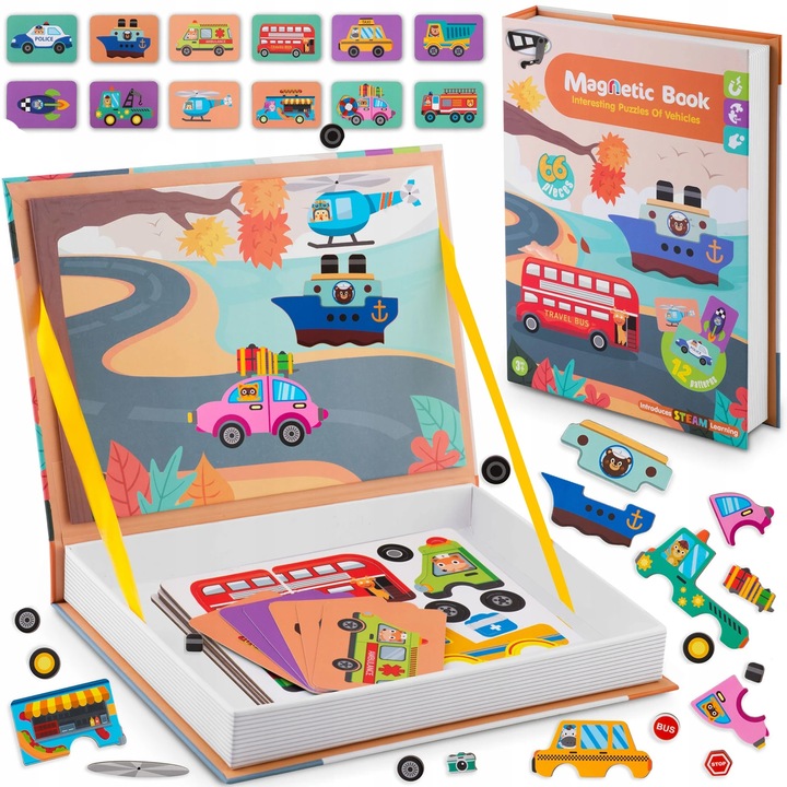 Carte Magnetica cu Puzzle "Likesmart Magnetic Book - Vehicles", fundal magnetic, cutie depozitare in forma de Carte, 66 Piese