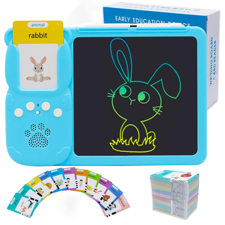 Jucarie educativa Montessori cu tableta LCD de scris si desenat pentru copii, Aurov®, Set masina de invatare cuvinte in limba engleza cu cititor de carduri flash, 224 de cuvinte 112 carduri, incarcare USB-C, 3 ani+, Albastru