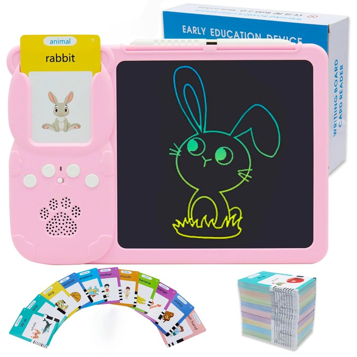 Jucarie educativa Montessori cu tableta LCD de scris si desenat pentru copii, Aurov®, Set masina de invatare cuvinte in limba engleza cu cititor de carduri flash, 224 de cuvinte 112 carduri, incarcare USB-C, 3 ani+, Roz