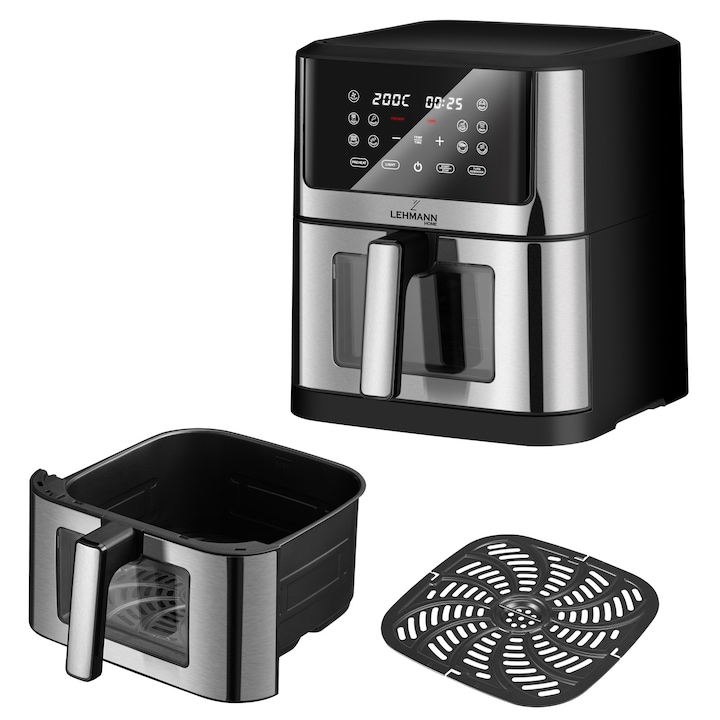 Forró levegős sütő, olajmentes, Lehmann Bakado, 1800W, 8L, előnézeti ablak, érintőképernyő, 76-200°C, 10 előre beállított főzési funkció, 41x35,5x41,3cm, 6,8kg, fekete